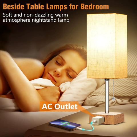 Set Of 2 Bedside Table Lamps With USB Charging Port And AC Outlet illuminating a cozy bedroom setting, soft light over a sleeping woman