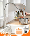 Straight Up Commercial Spring Kitchen Faucet With Pull Down Sprayer In Brushed Nickel and Dual Spray Modes Delivers Heavy Duty Power for Zero Hassle Sink Upgrades All Around, showcasing the faucet's pull-out design.
