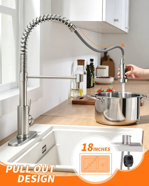 Straight Up Commercial Spring Kitchen Faucet With Pull Down Sprayer In Brushed Nickel and Dual Spray Modes Delivers Heavy Duty Power for Zero Hassle Sink Upgrades All Around, showcasing the faucet's pull-out design.