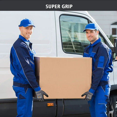 Two workers carrying box wearing Micro Foam Nitrile Work Gloves With Spandex Liner For Ultra Grip And Breathable Oil Friendly Wear