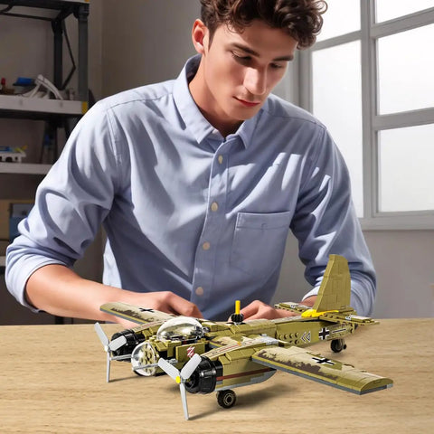 Man assembling JU88 Junkers Bomber Plane Building Set With 430 Plus Pieces Epic WWII German Fighter Model For History Buffs Great Holiday Gift For Display Fans And Family Build Time