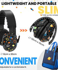 Kids Ear Protection Earmuffs With 27dB Noise Canceling For Sports Events Concerts Fireworks Air Shows And Autism Support, folded compactly in a bag.