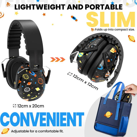 Kids Ear Protection Earmuffs With 27dB Noise Canceling For Sports Events Concerts Fireworks Air Shows And Autism Support, folded compactly in a bag.