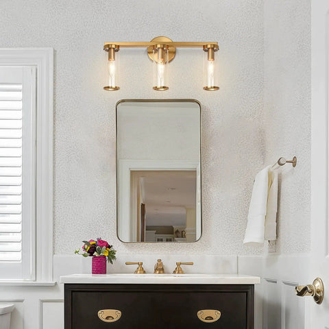 Brushed Gold 3 Light Vanity Light Fixture For Bathroom And Hallway Brass Bath Lighting With Glass Cylinders above mirror
