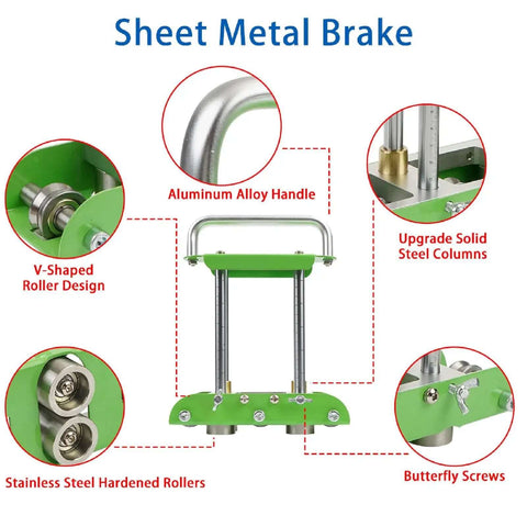 Diagram of 2 Station Roller Bender for 0 to 90 Degree Bends showing aluminum handle, V-shaped rollers, and steel columns
