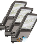 Three Beefy 240W LED Parking Lot Lights with 60,000 Lumens, 6000K Daylight, IP65 waterproof, dusk to dawn photocell feature displayed side by side