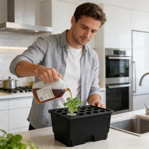 Man using Dope Compact Indoor Hydroponic System With Fifteen Pod Soilless Grow Kit in kitchen setting