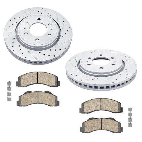 Drilled And Slotted Front Brake Rotor Kit With Ceramic Pads For Ford Expedition F-150 2010-2014 6 Lug Models Only 2015-2020 And Lincoln Navigator Front Replacement With Beefed Up Stopping Power Reduced Fade And Quiet Operation kit showing 2 rotors and 4 pads