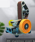 Durable Multifunctional 304 Stainless Steel Vertical Electric Belt Sander, Pure Copper Motor Polishing And Sharpening Machine, Compact Desktop Angle Grinder Tool For Precise DIY Metalwork And Wood Projects with sanding belt and polishing wheel.