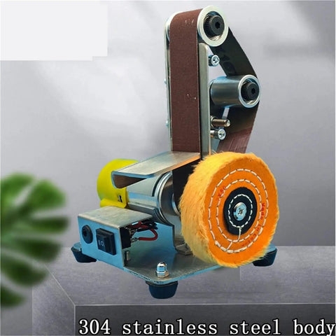 Durable Multifunctional 304 Stainless Steel Vertical Electric Belt Sander, Pure Copper Motor Polishing And Sharpening Machine, Compact Desktop Angle Grinder Tool For Precise DIY Metalwork And Wood Projects with sanding belt and polishing wheel.