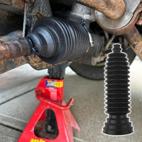 Truck Grade Two Piece Inner Tie Rod Boot Kit With Trimmable Sleeves And Cranking Clamps For Steering Rack on installed vehicle part.