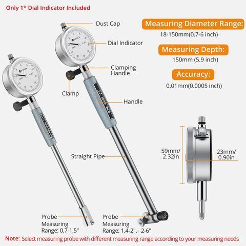 Two Neoteck dial bore gauges in 0.7-6 in range, 0.0005 in precision, 6 in depth; chrome-plated handle.