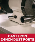 Grit And Grind Eight Inch Bench Grinder With Beefy Half Hp Motor Runs Steady At 1725 Rpm showing cast iron 2-inch dust ports for efficient debris management.