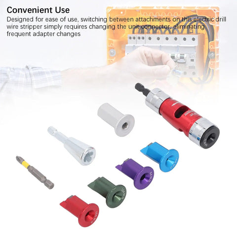 Heavy Hitter Electric Drill Wire Stripper Attachment with multiple color-coded attachments for convenient wiring tasks.