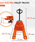 Heavy Duty Electric Pallet Jack With 4400 Lb Capacity Lithium Ion Battery Powered Pallet Truck Low Profile Design with measurements.