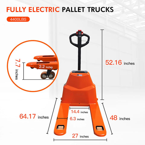 Heavy Duty Electric Pallet Jack With 4400 Lb Capacity Lithium Ion Battery Powered Pallet Truck Low Profile Design with measurements.