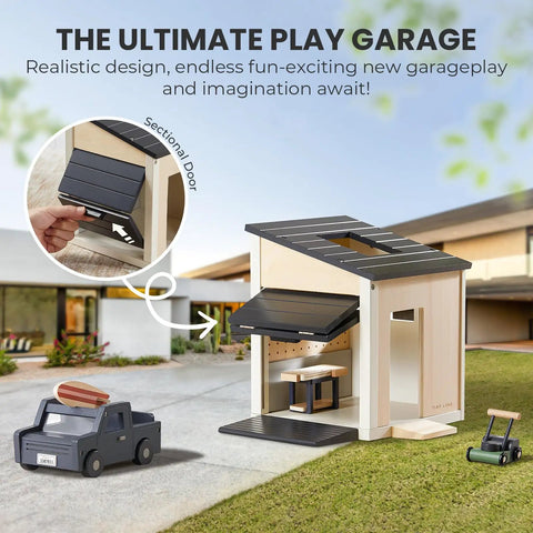 Wooden Dollhouse Garage Set With Workbench, Lawn Mower And SUV Car, Realistic Pretend Play Furniture For Kids in a yard setting