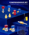 All In One AC Manifold Gauge Set With Five Foot Hoses For R1234YF R404A And R134A Three Way System For Quick A C Service With Self Sealing Can Taps And Quick Couplers, adapters and tools