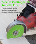 Five Pack Of Four Inch Ultra Thin Diamond Glass Cutting Discs For Angle Grinders cutting through material with a green blade.