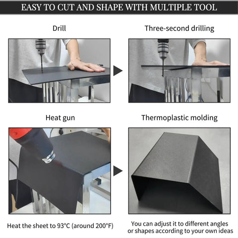 Demonstration of moldable black ABS plastic sheet for DIY crafts and home decor, showing drilling and heat molding techniques.