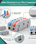 Rugged No Sweat 1740 Piece Heat Shrink Wire Connector Kit With Smooth Crimping Tool For AWG 22 To 10 Electrical Wiring showing inline lever connectors and features.