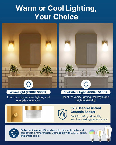FLSNT Wall Sconces Set of 2, Hardwired E26 Wall Lighting, Modern Polished Gold Vanity Light with Frosted White Glass Shade for Bathroom, Bedroom, Hallway, Stairway, Living Room (Bulbs Not Included) shown with warm and cool lighting options.