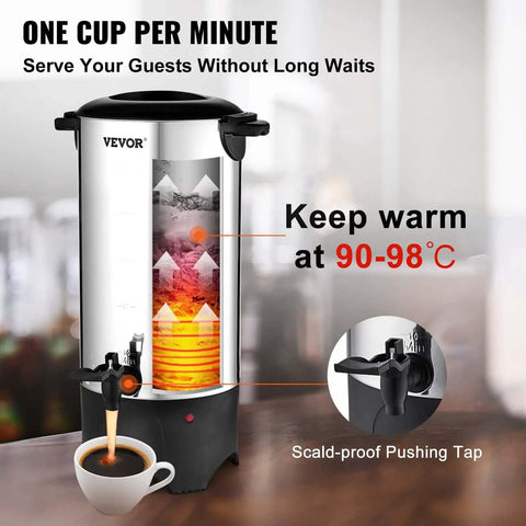 Heavy Duty Coffee Urn 50 Cup 7.5L Stainless Steel Dispenser With Step Discharge Spout For Mess Free Pour, 1000W 110V Electric Brewer