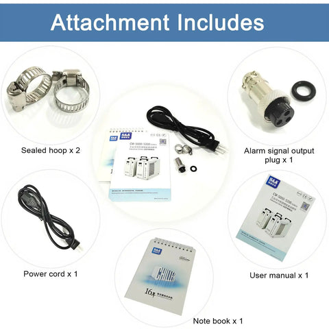 Industrial Water Chiller Water Cooling System For CO2 Laser And CNC Spindle Featuring Precise Digital Temperature Control accessories, including sealed hoops, power cord, and manual.