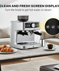 Sleek Stainless Steel Espresso Machine With Built In Grinder And Silky Milk Frother For Fresh Ground Magic And Zero Fuss Brewing Featuring 20 Bar Pressure And Large Reservoir Tank on kitchen counter with coffee and croissants.