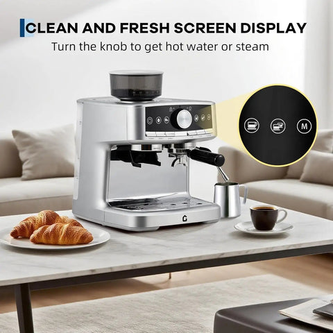 Sleek Stainless Steel Espresso Machine With Built In Grinder And Silky Milk Frother For Fresh Ground Magic And Zero Fuss Brewing Featuring 20 Bar Pressure And Large Reservoir Tank on kitchen counter with coffee and croissants.