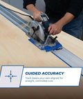 Pro Level Circular Saw Track Extension Adds 50 Inches Slick Guide Rail for precise cuts on plywood surface.