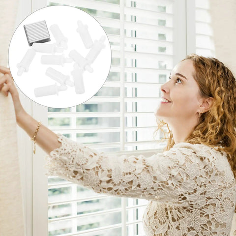 Woman using Plantation Shutter Repair Kit with 0.6 Inch Replacement Pins for Blinds to fix window blinds smoothly.