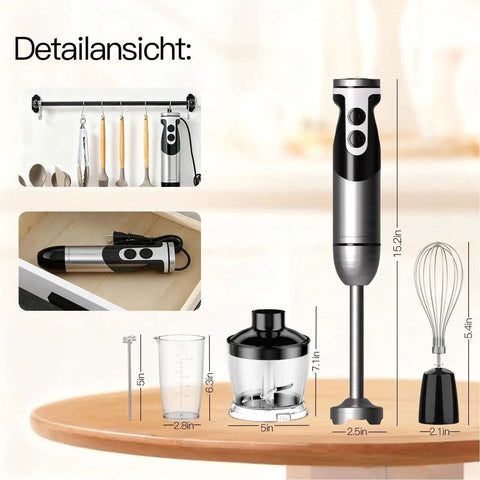 Total Game Changer For Meal Prep With This Supercharged 12 Speed Handheld Blender Featuring Titanium Blades A Beastly 400W Motor And A Full 5 In 1 Immersion Kit With Frother Plus Chopper on wooden table