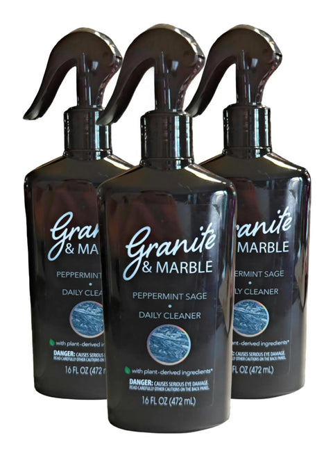 Three bottles of Daily Stone Cleaner Spray For Granite, Marble And Quartz With Peppermint Sage Scent, Plant Based Formula, Streak Free