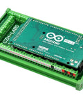 DIN Rail Mount Screw Terminal Block Adapter Module For Arduino Mega 2560 R3, mounted on green base, front view.