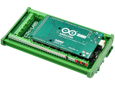 DIN Rail Mount Screw Terminal Block Adapter Module For Arduino Mega 2560 R3, mounted on green base, front view.