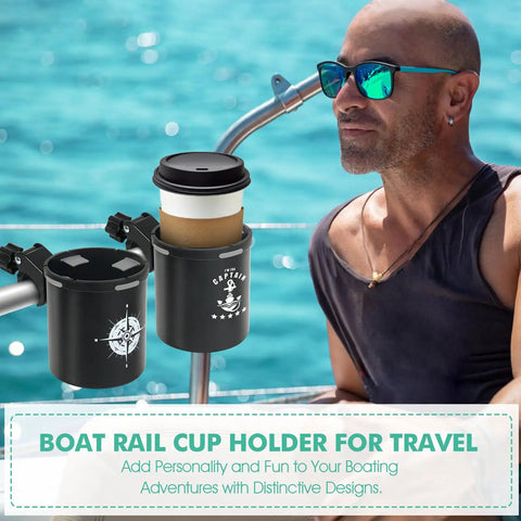 No Drill Boat Rail Cup Holder With 360 Degree Clamp for Bimini Top on boat rail with man enjoying view
