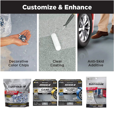 Pro Grade Polycuramine Garage Floor Coating With Drop Dead Slick High Gloss Black Finish Way Tougher Than Standard Epoxy Easy Self Leveling Two Part System For Garages And Basements decorative color chips and clear coating application.