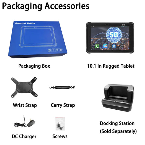 Job Site Beast Ten Inch 5G Android Industrial Rugged Tablet With 8GB Ram And 256GB Storage IP65 Waterproof Mil Std Certified No Sweat Weather Survival For Field Work shown with packaging accessories.