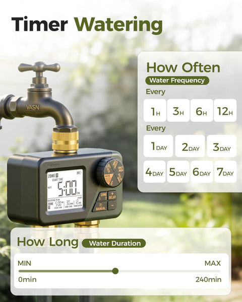 Dual Zone Sprinkler Timer For Outdoor Irrigation with IP66 weatherproof build, big display, attached to hose faucet