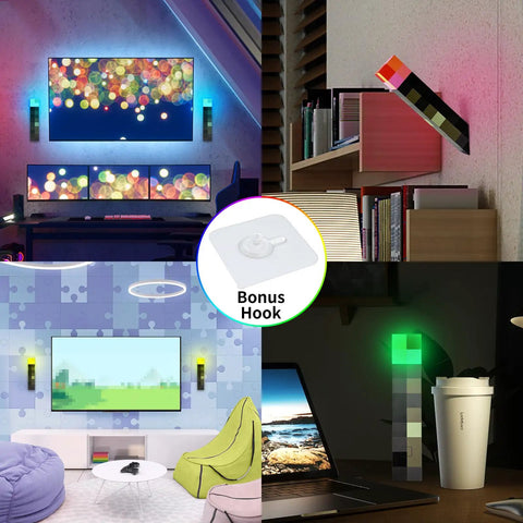 Collage of Glow Torch Wall Lamp With 7 Color Night Light shown mounted on walls and standing on tables with bonus hook.