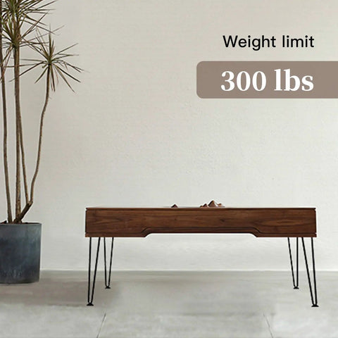 Wooden bench with 10 Inch Black Hairpin Furniture Legs 4 Pieces Heavy Duty Metal Table Desk Legs, 300 lbs weight limit displayed.