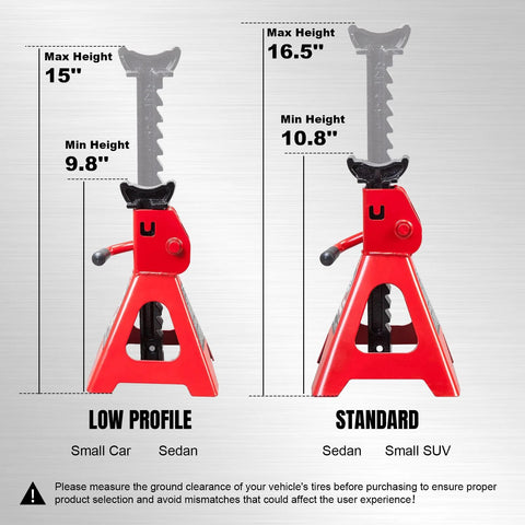 Two red steel jack stands, left low-profile 9.8-15 in, right standard 10.8-16.5 in; 2-pack