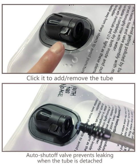 Auto-shutoff valve detail on 2 Liter Hydration Bladder Leak Proof Water Reservoir With Wide Opening BPA Free Taste Free