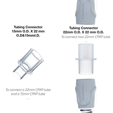 Universal CPAP BiPAP Tubing Adapters 4 Pack Set With 22MM To 22MM, 22MM Male To 15MM Female, 15MM Outer To 22MM Outer With 15MM Inner, And 22MM Outer To 22MM Outer With 15MM Inner, Works With Most Machines And Cleaners. Clear CPAP tubing connector adapters for 15mm and 22mm hoses.