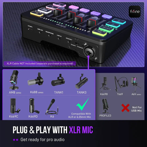 Streaming Ready Gaming Audio Mixer With RGB PC Interface, XLR Mic Input, Individual Channel Control, and Volume Fader