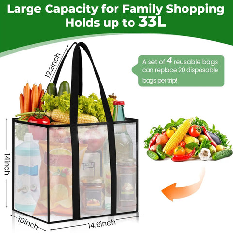 Four Pack Reusable Grocery Bags With Heavy Duty Handles Water Resistant And Foldable 33L Capacity Stands Upright Holds Up To 50 Lbs filled with groceries.