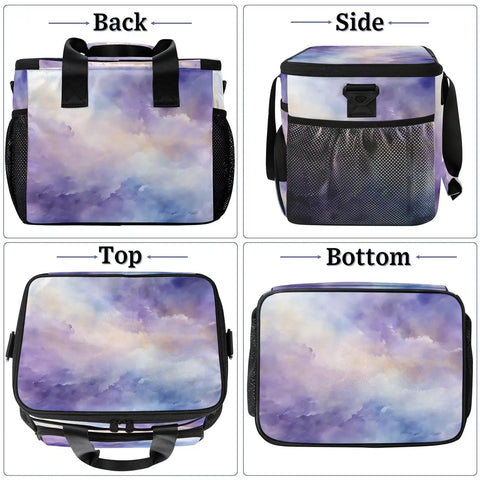 Insulated Picnic Backpack Lunch Bag for Women and Men, Purple Gradient, four angles shown: back, side, top, bottom view