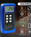 Front view of blue handheld digital K-type thermocouple thermometer with dual-channel input