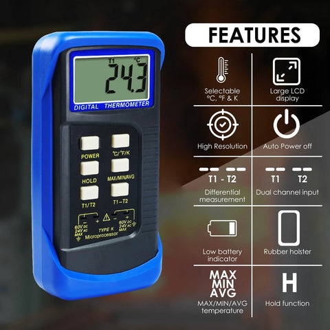 Front view of blue handheld digital K-type thermocouple thermometer with dual-channel input